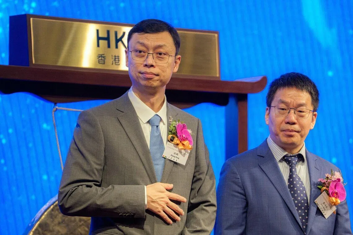 Zhipu CEO Zhang Peng and chairman Liu Debin at the company’s listing ceremony at the Hong Kong Stock Exchange on Jan. 8, 2026. 