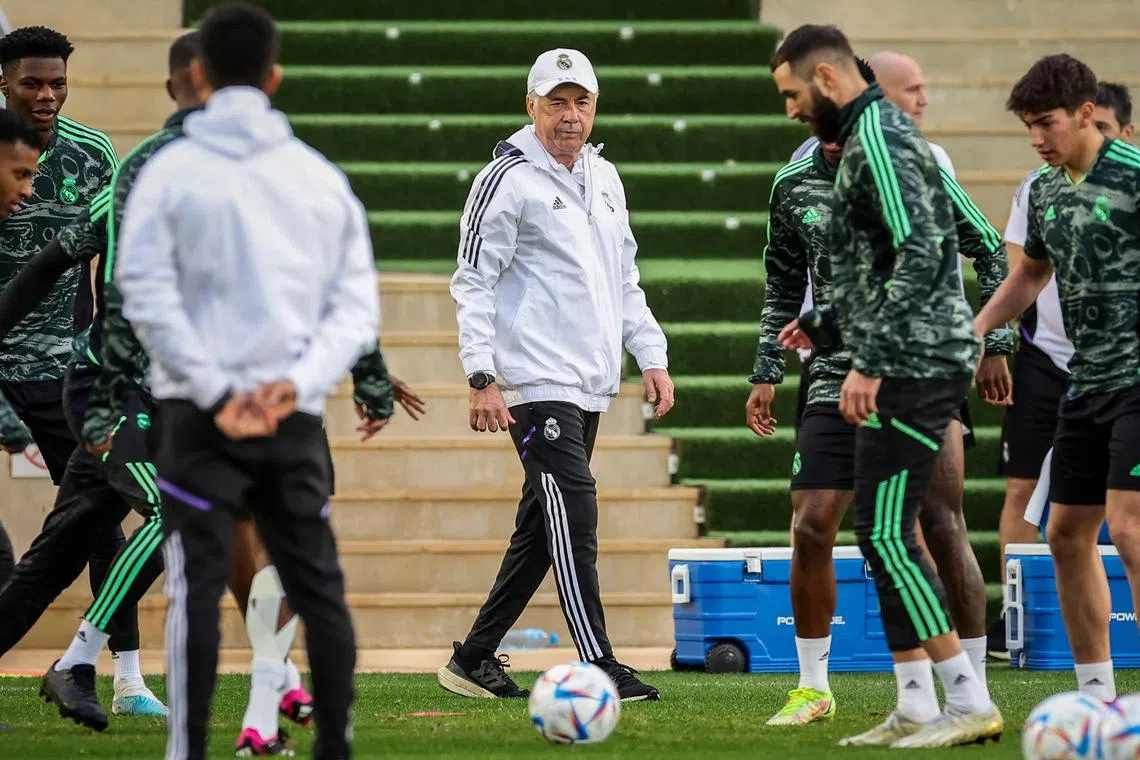 Real Madrid coach Carlo Ancelotti during a training session on the eve of the Club World Cup final against Saudi Arabia's Al Hilal.