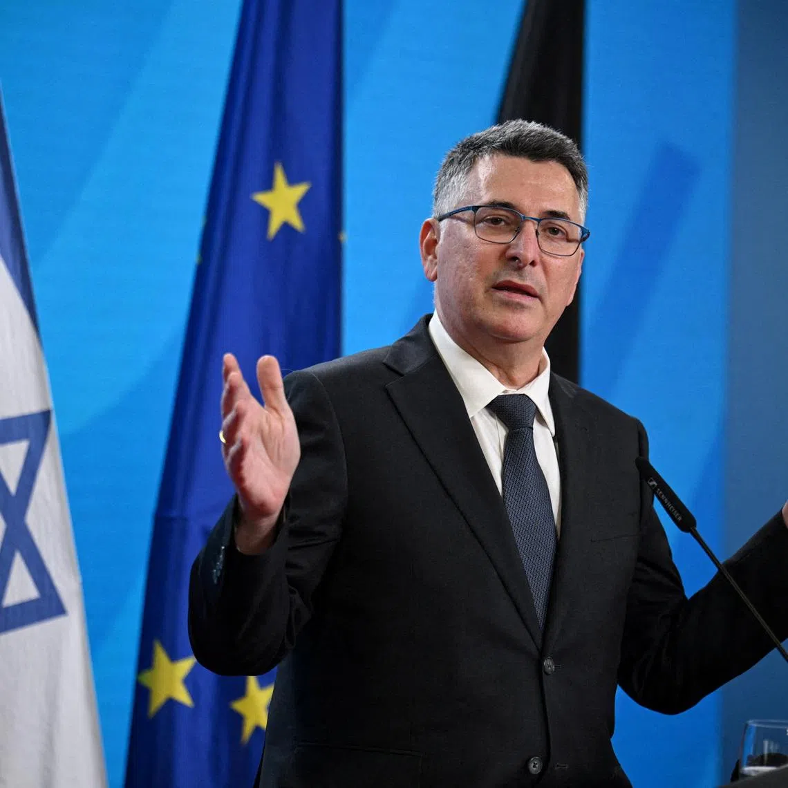 FILE PHOTO: Israeli Foreign Minister Gideon Saar holds a press conference with German Foreign Minister Johann Wadephul (not pictured) following their talks, in Berlin, Germany, May 5, 2026. REUTERS/Annegret Hilse/File Photo