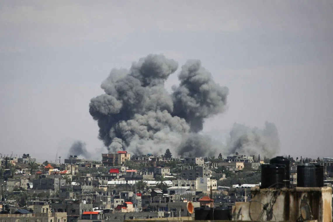 Smoke billows after bombing by Israel east of Rafah, in the southern Gaza Strip.