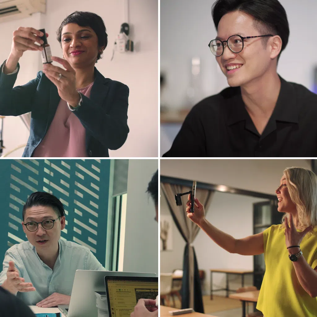 lockwise from top left) rithika gupta from ollie, arvin tang from akin by techlyon, melissa laurie from oysterly media, and justin zhang from tack one—four entrepreneurs using business and technology to improve lives across various sectors