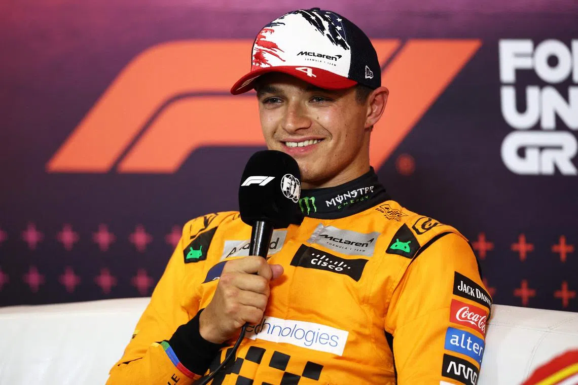 Pole-sitter Lando Norris of Britain and McLaren attending the post-qualifying press conference, ahead of the Formula One United States Grand Prix at the Circuit of The Americas on Oct 19, in Austin, Texas. 