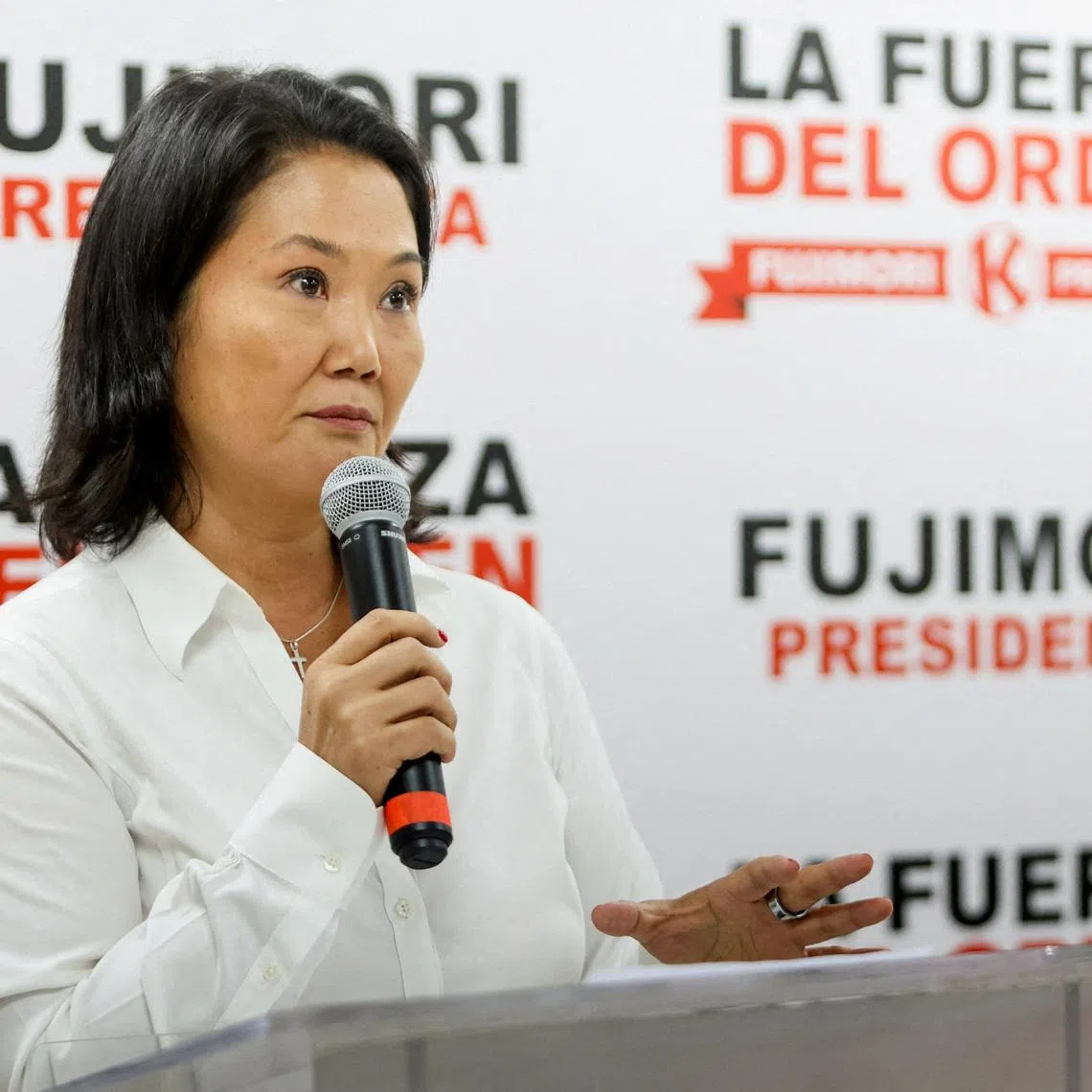 FILE PHOTO: Peru's presidential candidate Keiko Fujimori delivers a statement as the vote count in the country's general election continues for a fourth day, in Lima, Peru April 15, 2026. REUTERS/Stifs Paucca/File Photo