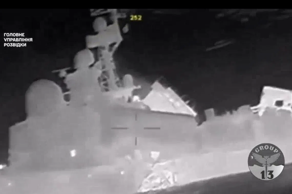 Ukraine published a night-vision video in which a small vessel is seen approaching the Russian ship, followed by a large explosion.