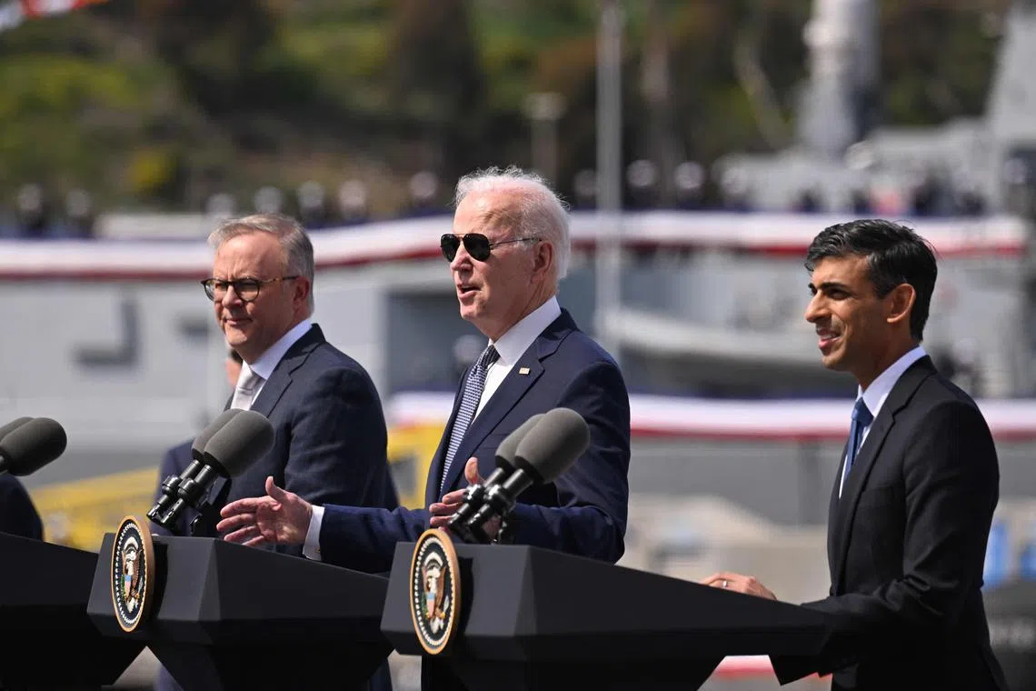 (From left) Australia's Prime Minister Anthony Albanese, US President Joe Biden and British Prime Minister Rishi Sunak during the Aukus summit, on March 13, 2023.