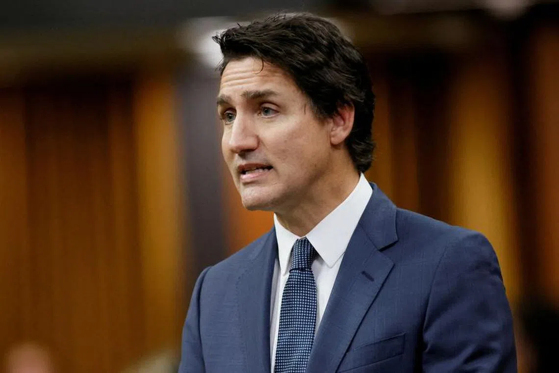 FILE PHOTO: Canada's Prime Minister Justin Trudeau speaks in the House of Commons on Parliament Hill in Ottawa, Ontario, Canada October 3, 2023. REUTERS/Blair Gable/File Photo