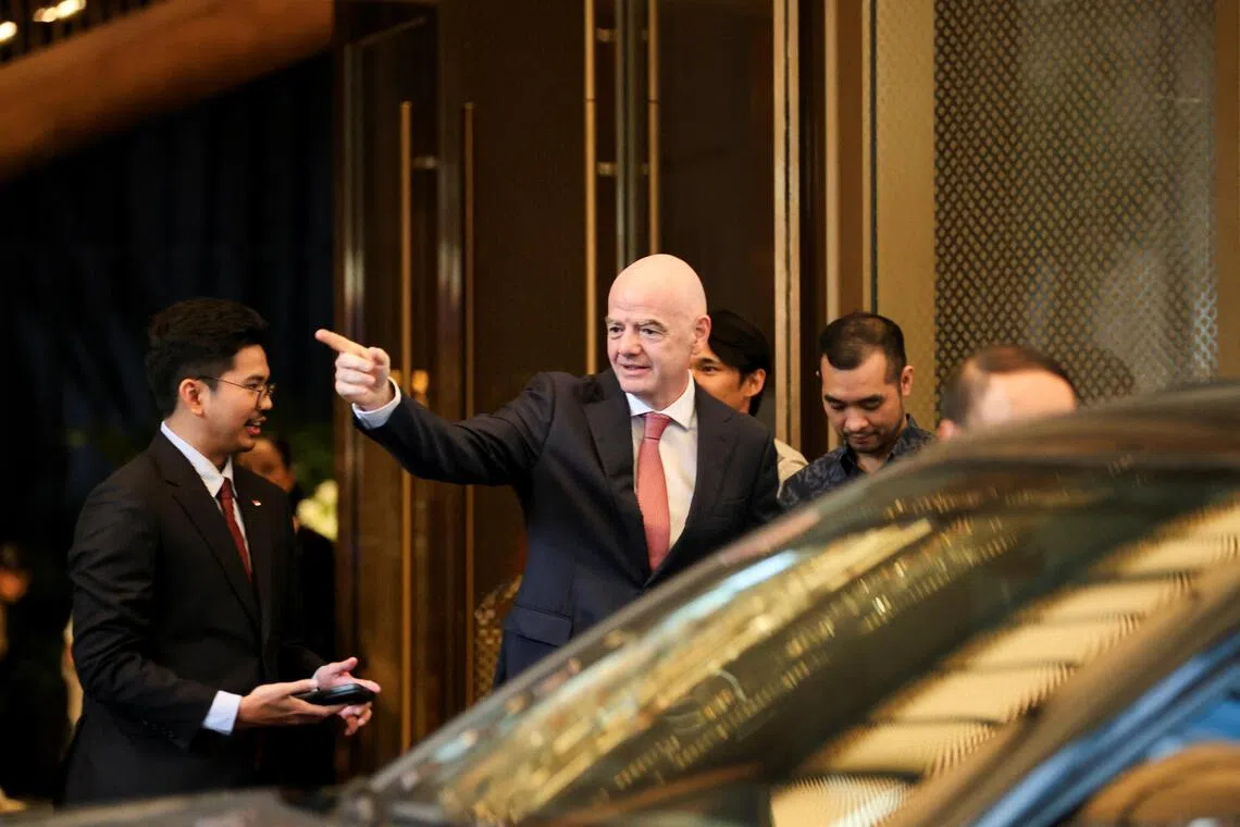 President of FIFA Gianni Infantino gesturing as he arrives at Fairmont Hanoi Hotel ahead of the second leg of the 2026 ASEAN Cup final between Vietnam and Thailand in Hanoi on Aug 26, 2026.
