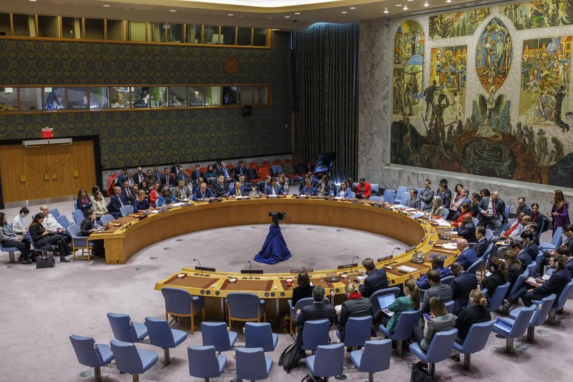 Members of the UN Security Council gather to vote for a resolution on a ceasefire in Gaza at the UN Headquarters in New York, on March 22.
