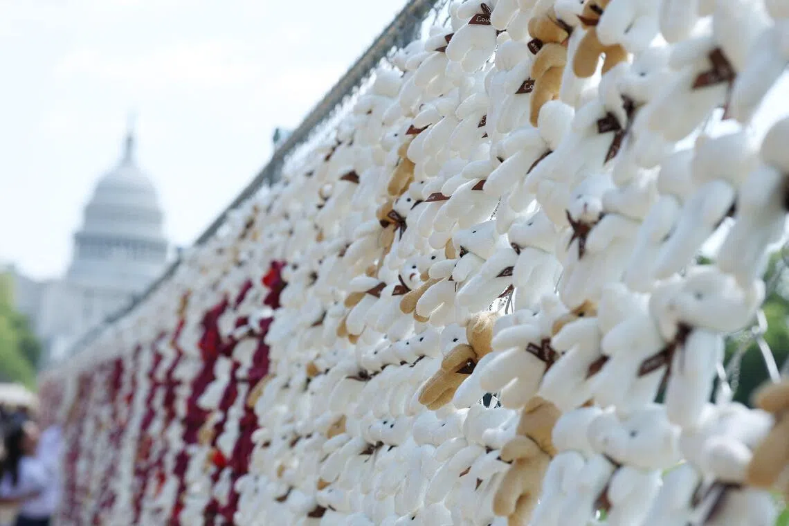 Each of the 20,000 stuffed teddy bears installed represent a Ukrainian child abducted by Russia since the start of the full-scale invasion.