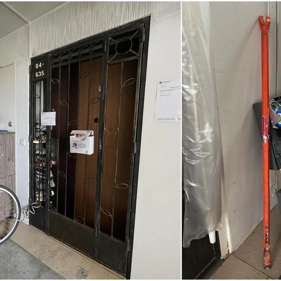 Neighbours tried to use a (right) to pry open the door of the burning flat.