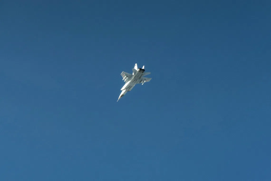 FILE PHOTO: A still photo published by Swedish armed forces that it says shows a Russian mig-31 fighter jet that took part in the violation of Estonian airspace. Swedens military says the image was taken over the Baltic sea after the Russian aircraft left Estonian airspace, still photo released on September 19, 2025. Swedish Armed forces/Handout via REUTERS/File Photo