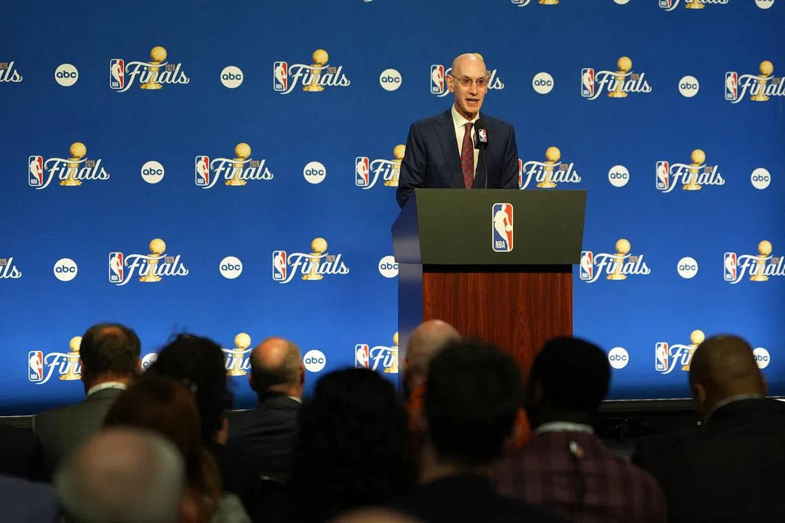 Jun 3, 2026; San Antonio, Texas, USA; NBA Commissioner Adam Silver speaks to the media before game one of the 2026 NBA Finals at Frost Bank Center. Mandatory Credit: Daniel Dunn-Imagn Images