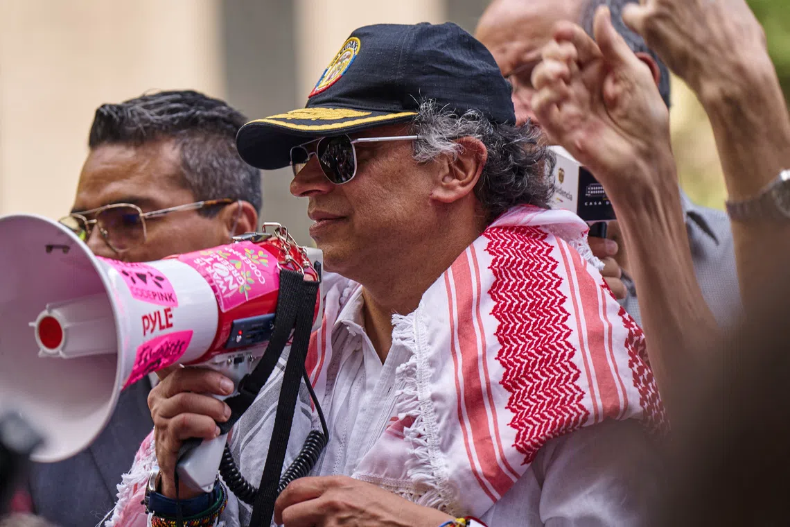 Colombian President Gustavo Petro addressing pro-Palestinian demonstrators during the 80th UN General Assembly in New York on Sept 26.