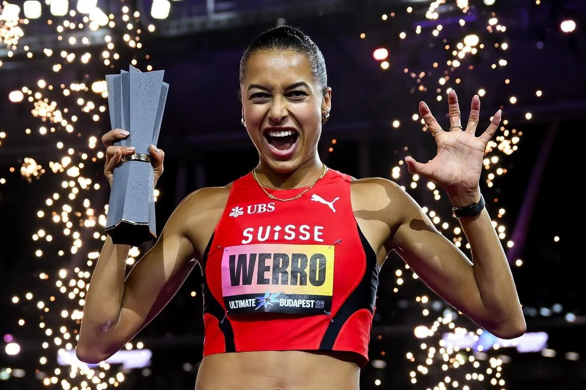 Switzerland’s Audrey Werro celebrates after winning the women’s 800m final at the World Athletics Ultimate Championship in Budapest.