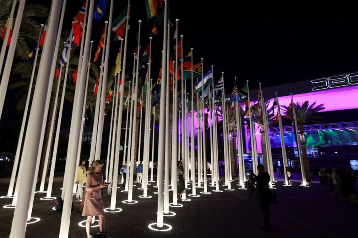 People stand near the flags at Dubai's Expo City during the United Nations Climate Change Conference (COP28) in Dubai, United Arab Emirates, December 4, 2023. REUTERS/Thaier Al-Sudani