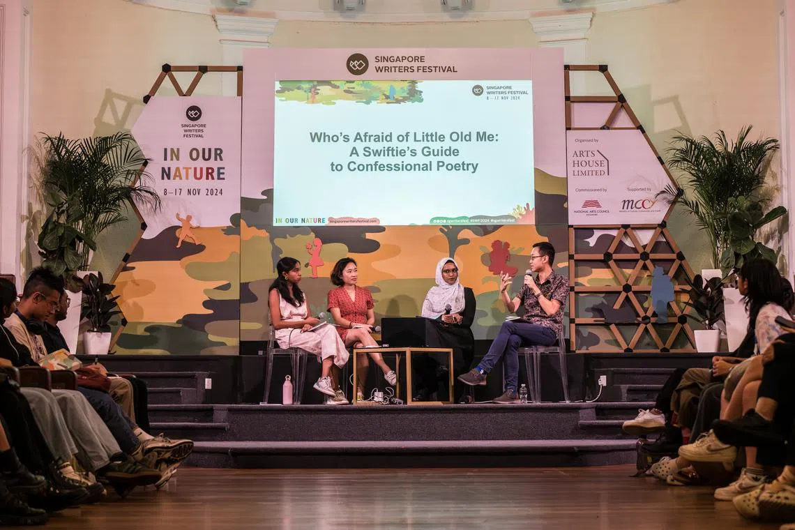 (From left) Moderator Czaana Saxena and poets Tan Lixin, Laili Abdeen and Theophilus Kwek talk about the authenticity of confessional poetry and Taylor Swift's lyrics.