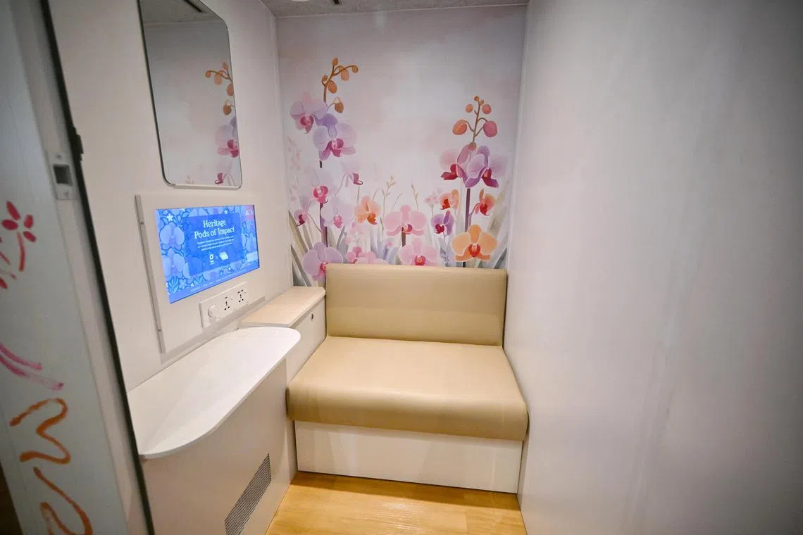 Interior of the heritage-themed pods by maternal care social enterprise Go!Mama, in partnership with Temasek Foundation and the National Volunteer and Philanthropy Centre (NVPC), at Asian Civilisations Museum on Aug 5, 2025.
