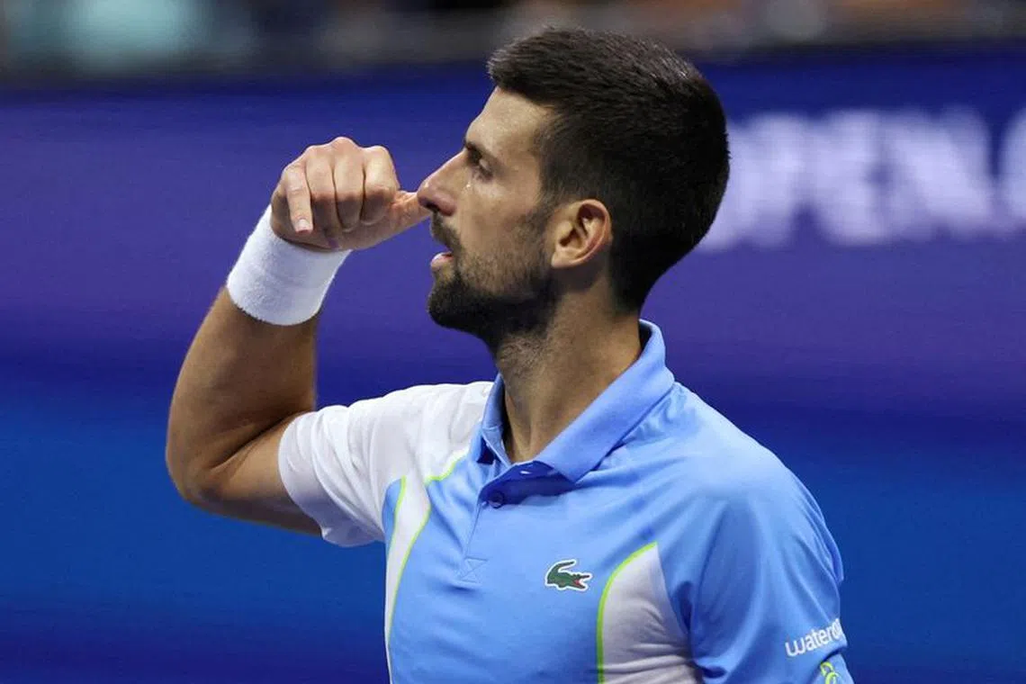 FILE PHOTO: Tennis - U.S. Open - Flushing Meadows, New York, United States - September 8, 2023 Serbia's Novak Djokovic celebrates after winning his semi final match against Ben Shelton of the U.S. REUTERS/Mike Segar/File Photo
