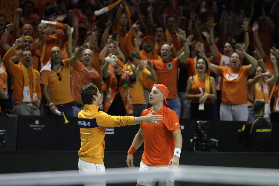 Netherlands' Tallon Griekspoor celebrates after winning his singles match against Germany's Jan-Lennard Struff.