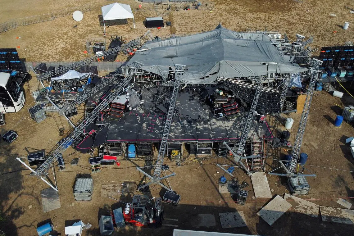 A drone view shows the aftermath of an accident in which a gust of wind caused a structure to collapse, resulting in multiple fatalities and injuries, at a campaign event for the Citizens' Movement party, in San Pedro Garza Garcia, Nuevo Leon, Mexico May 23, 2024. REUTERS/ Daniel Becerril/ File Photo
