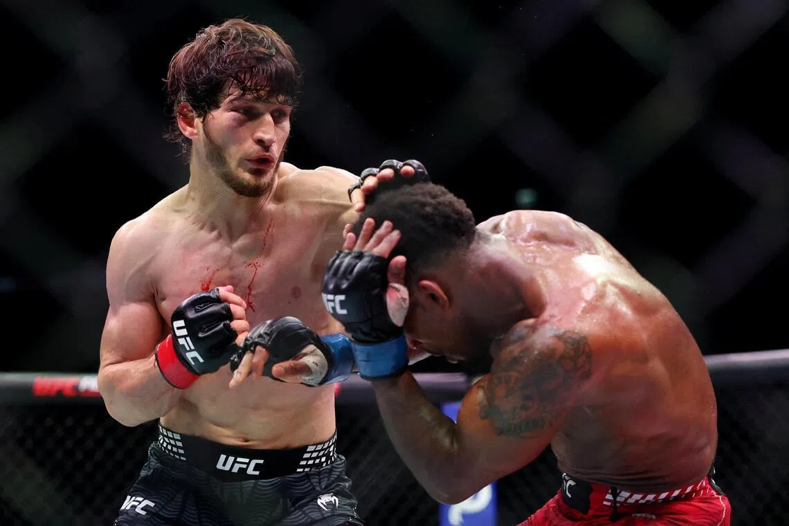 Movsar Evloev in action during his majority decision win against Lerone Murphy at UFC London on March 21, 2026, at the O2 Arena.