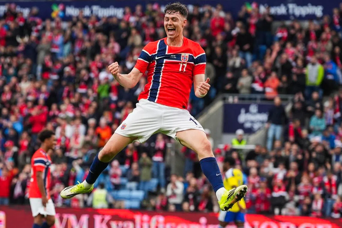 Jorgen Strand Larsen celebrates scoring his second goal in Norway's 3-1 international friendly win over Sweden at the Ullevaal Stadion
 in Oslo on June 1, 2026.