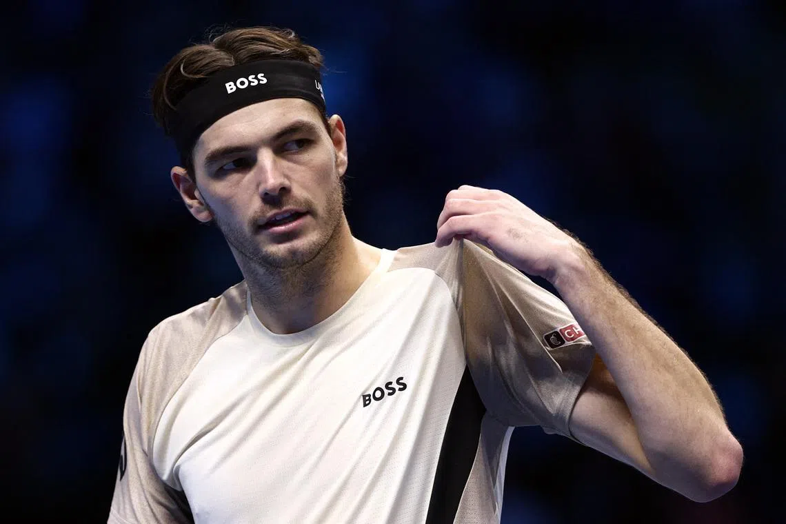 Tennis - ATP Finals - Turin - Palasport Olimpico, Turin, Italy - November 13, 2025 Taylor Fritz of the U.S. during his group stage match against Australia's Alex de Minaur REUTERS/Guglielmo Mangiapane