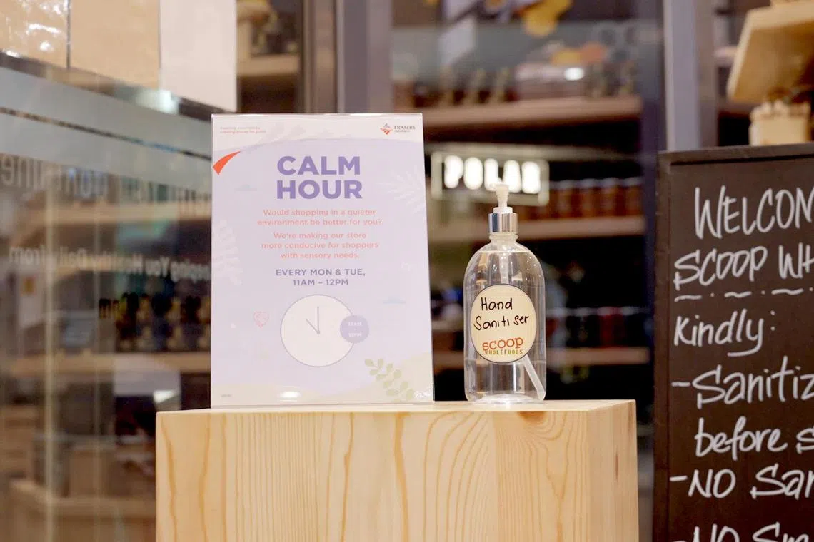 ssmall23 - The 'calm hour' signage at a Scoop Wholefoods store, which indicates when the shop has reduced lighting and noise levels for shoppers with sensory issues.




Credit: Frasers Property Singapore