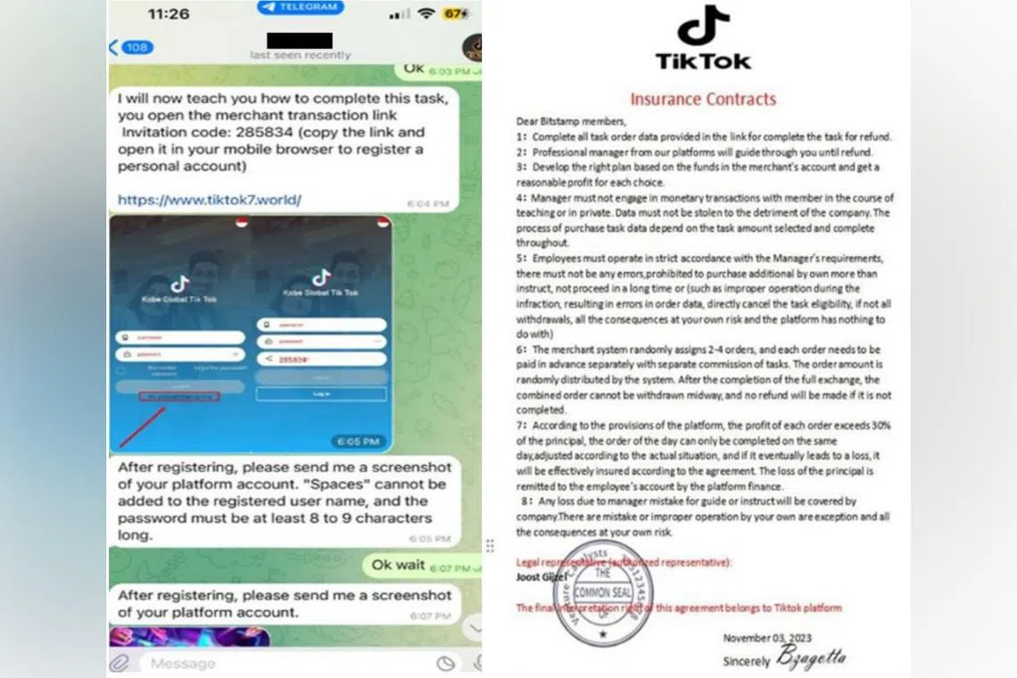 Victims are given a link to a fake TikTok website to complete advanced tasks, and are shown fake contracts  to agree to.