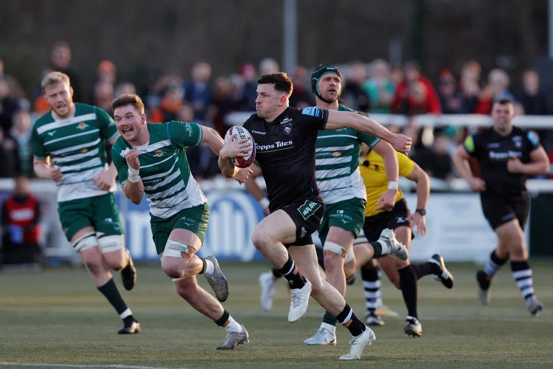 FILE PHOTO: Rugby Union - Premiership Rugby Cup - Semi Final - Ealing Trailfinders vs Leicester Tigers - Trailfinders Rugby Club, London, Britain - February 18, 2024 Leicester Tigers' Matt Scott scores a try. Andy Couldridge/Action Images/File Photo