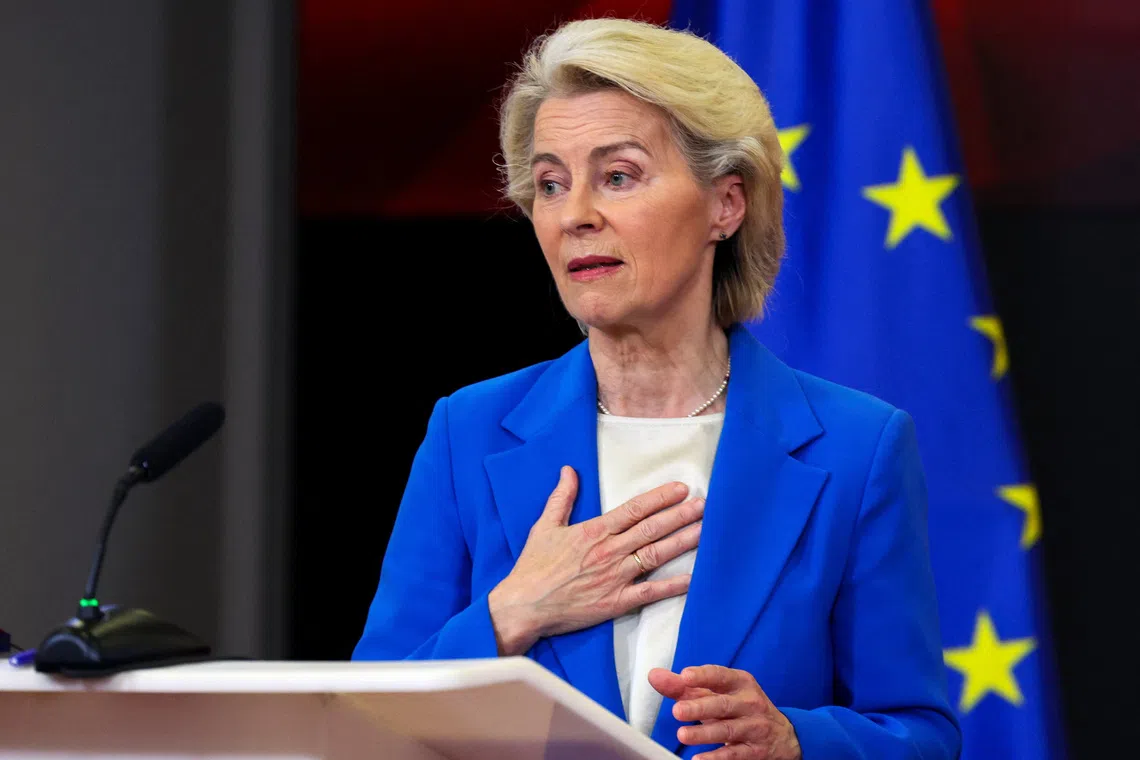 FILE PHOTO: European Commission President Ursula von der Leyen attends a press conference, during her visit to Skopje, North Macedonia October 2, 2026. REUTERS/Ognen Teofilovski/File Photo