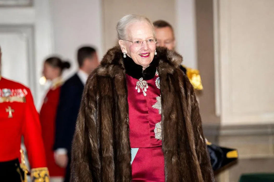 FILE PHOTO: Denmark's Queen Margrethe arrives to greet the diplomatic corps on the occasion of the New Year at Christiansborg Palace, Copenhagen, Denmark, January 3, 2024. Ritzau Scanpix/Ida Marie Odgaard via REUTERS/File Photo