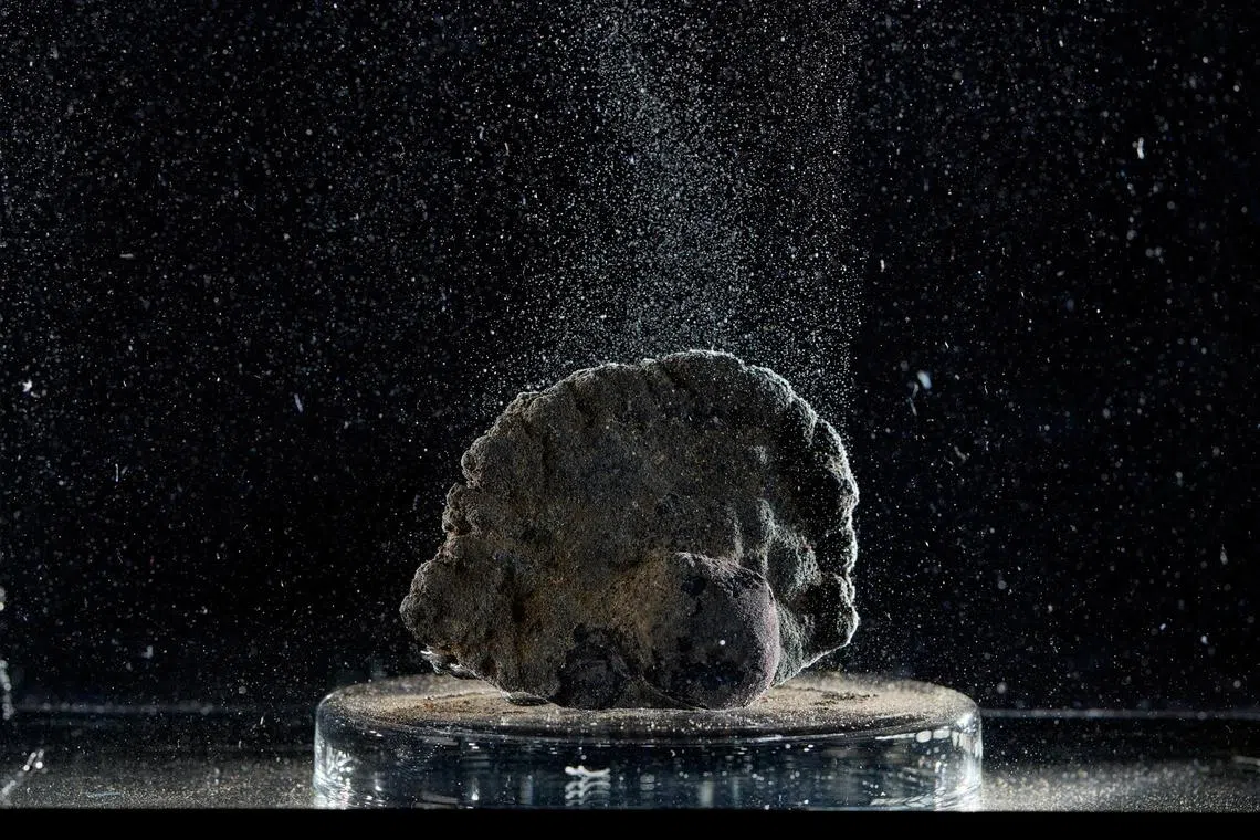 dfdeep - A polymetallic nodule in the laboratory releasing air. The nodules, formed naturally on the seabed, are brimming with manganese, iron and aluminum as well as highly sought after nickel, copper and cobalt. A recent study found that the nodules produce an electric charge that can split water molecules and produce oxygen -- the first time a non-living thing has been shown to produce oxygen. 

Credit: Northwestern University, Evanston, United States