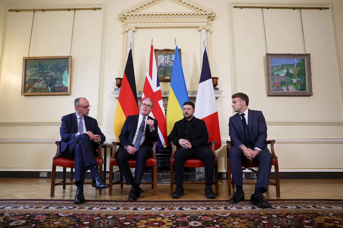 British Prime Minister Keir Starmer, Ukrainian President Volodymyr Zelenskiy, French President Emmanuel Macron, and German Chancellor Friedrich Merz meet at 10 Downing Street, in London, Britain, December 8, 2025. REUTERS/Toby Melville/Pool