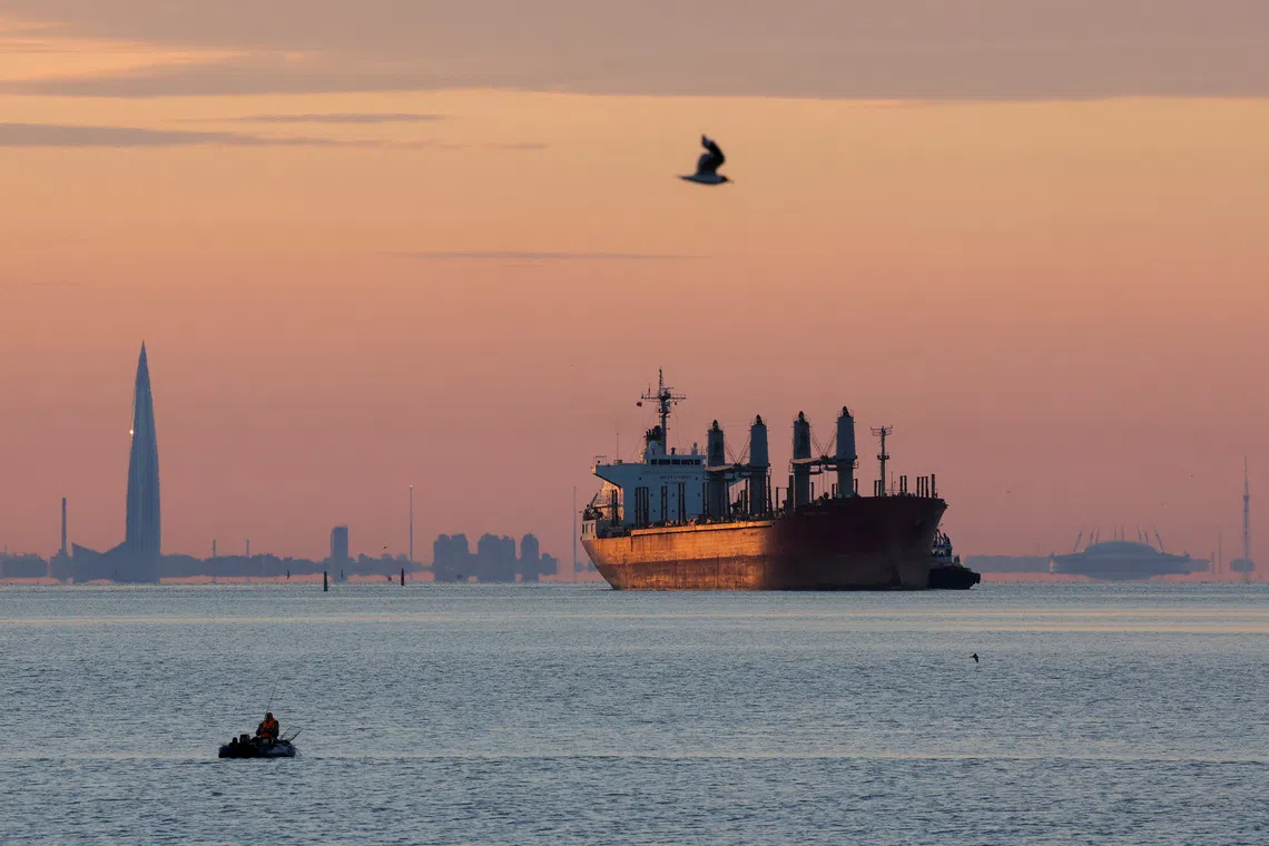 A cargo ship is towed towards a port in the Gulf of Finland during sunrise in Saint Petersburg, Russia July 16, 2024. REUTERS/Anton Vaganov