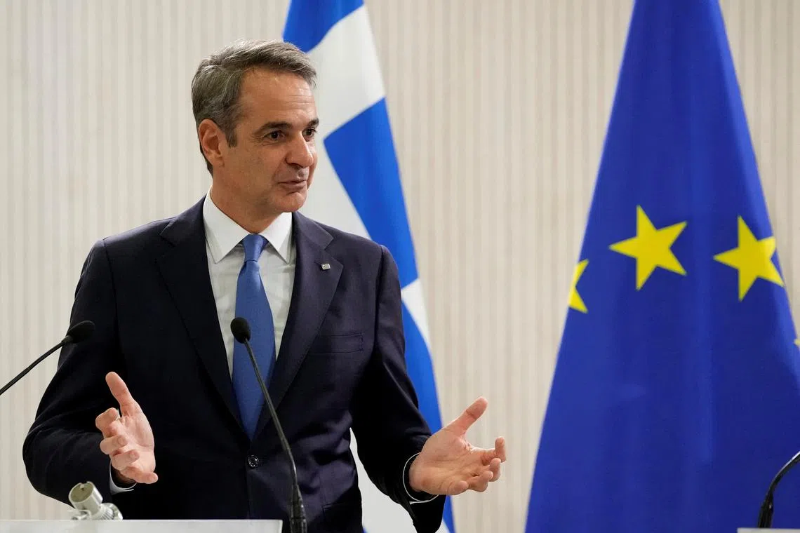 FILE PHOTO: Greek Prime Minister Kyriakos Mitsotakis attended a press conference at the Presidential Palace in Nicosia, Cyprus, November 27, 2024.  Petros Karadjias/Pool via REUTERS/File Photo