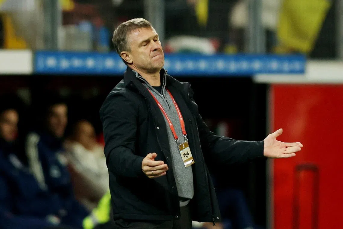 FILE PHOTO: Soccer Football - Euro 2024 Qualifier - Group C - Ukraine v Italy - BayArena, Leverkusen, Germany - November 20, 2023 Ukraine coach Serhiy Rebrov reacts REUTERS/Thilo Schmuelgen/File Photo