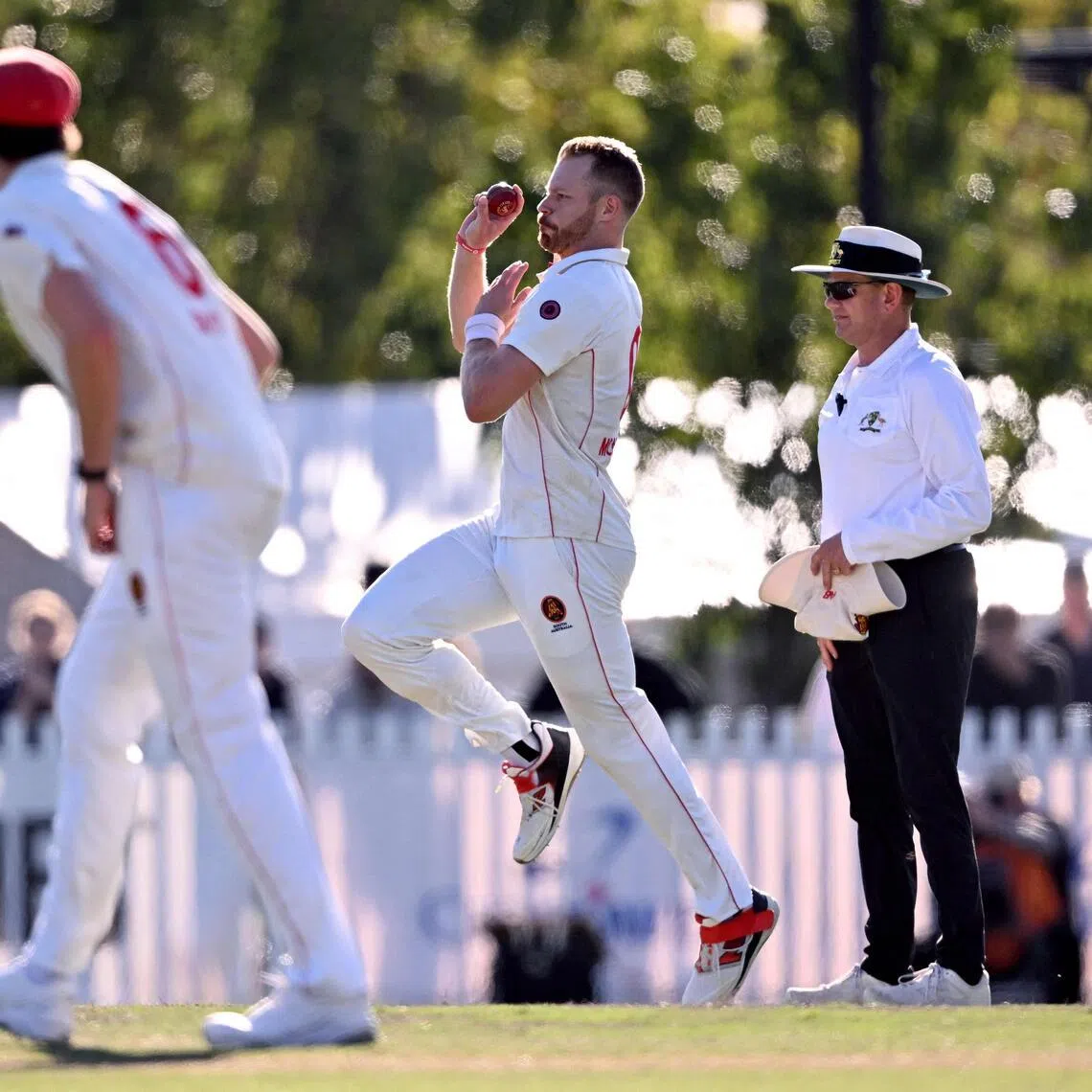 South Australia's Nathan McAndrew bowls on the fourth day of the Sheffield Shield cricket final against Victoria at the Junction Oval in Melbourne on March 29, 2026. They won by 56 runs for a second straight title.