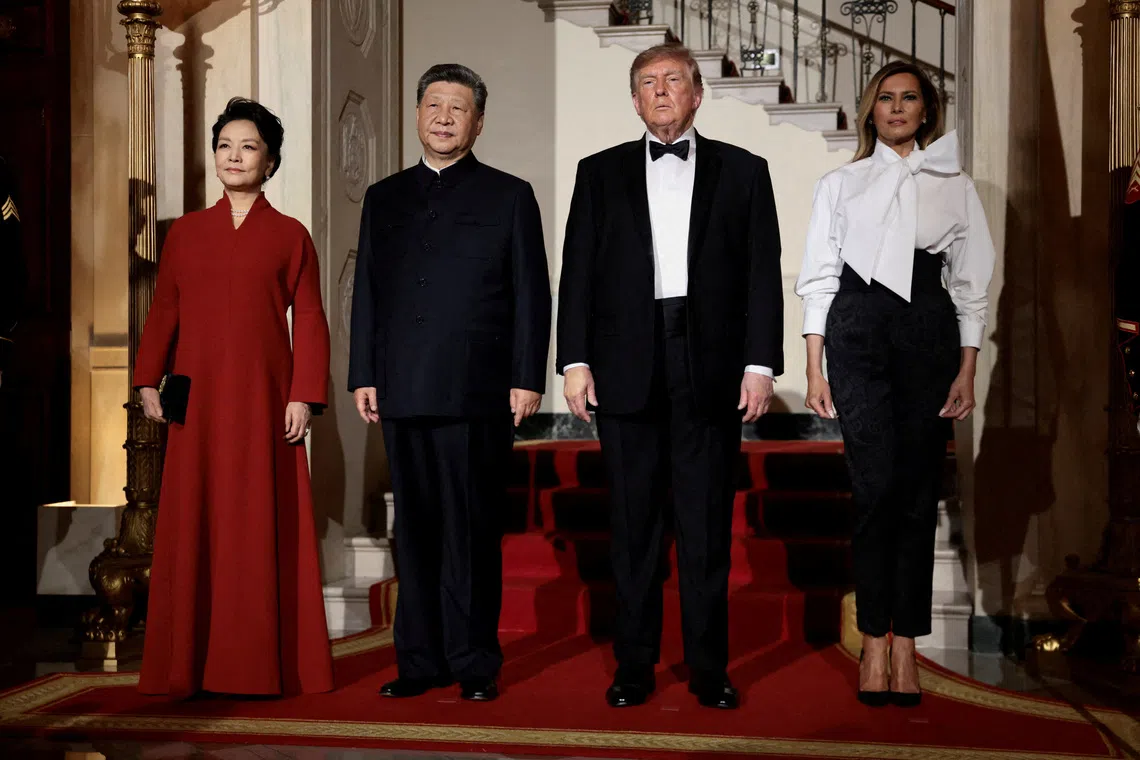 US President Donald Trump and first lady Melania Trump pose with Chinese President Xi Jinping and his wife, Peng Liyuan, at the White House ahead of a state dinner in Washington, D.C., US, September 24, 2026.