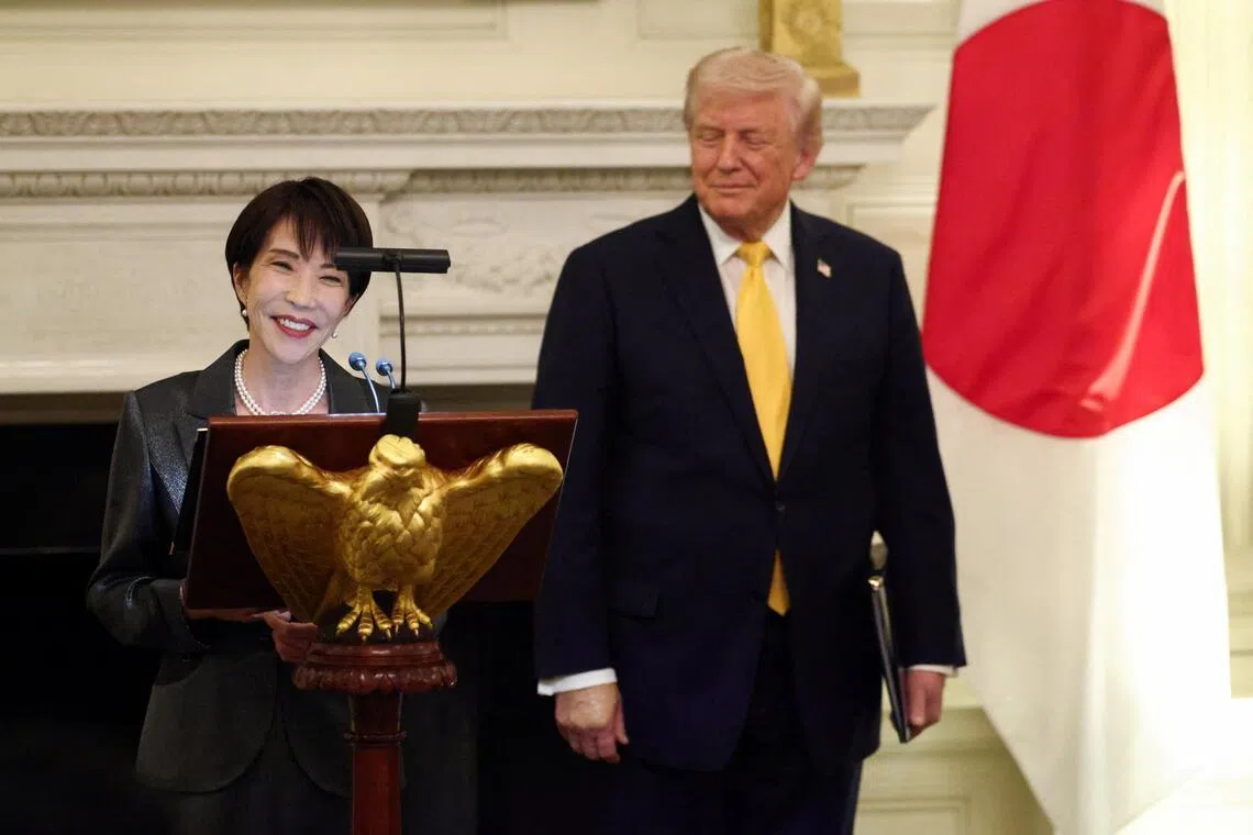 Japanese Prime Minister Sanae Takaichi delivers remarks during a dinner hosted by US President Donald Trump at the White House in Washington, D.C., on March 19, 2026.