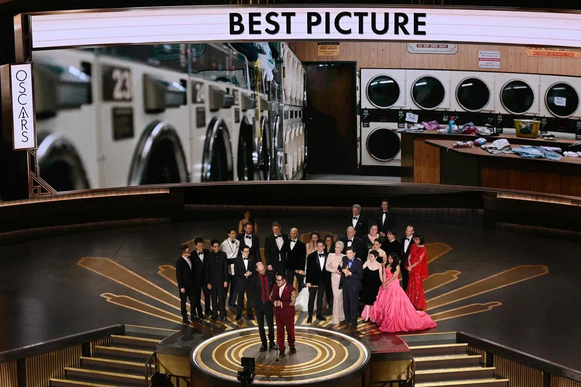 US directors Daniel Scheinert (front left) and Daniel Kwan after winning the Oscar for Best Picture for "Everything Everywhere All at Once".