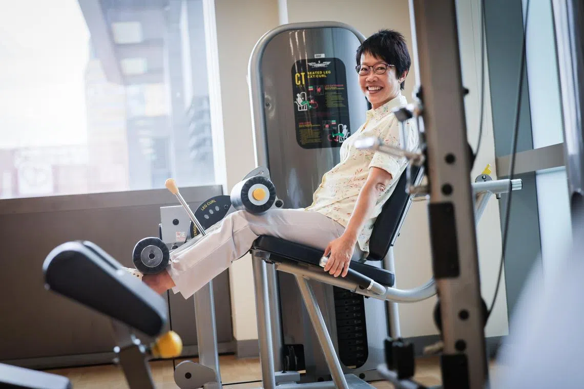 ST20240208_202475438744 : Gin Tay / anknee20/ Akshita Vijay Nanda/

Profile of Ms Diana Chin, 63, photographed at a gym In SingHealth building on Feb 8, 2024. 

Shad a knee preservation surgery in 2022 to realign her leg bones to reduce strain on the knee joint. She now does low impact activity at the gym