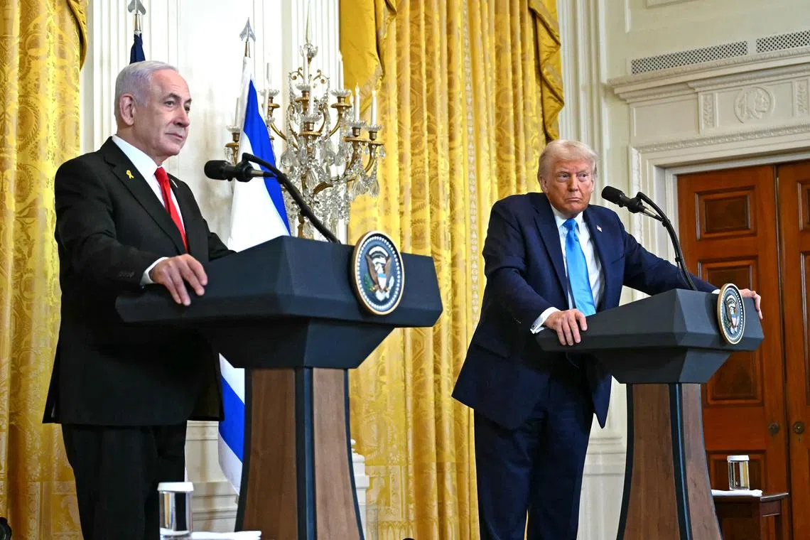Israel's PM Benjamin Netanyahu, and US President Donald Trump giving a press conference at the White House on Feb 4.