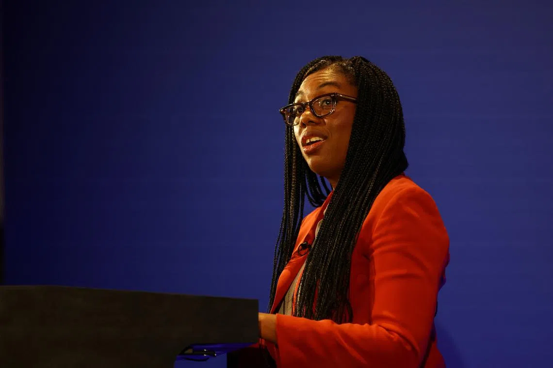 FILE PHOTO: Britain's Business and Trade Secretary Kemi Badenoch speaks during her press conference at the Manufacturing Technology Centre in Coventry, Britain, March 18, 2024. REUTERS/Carl Recine/Pool/File Photo