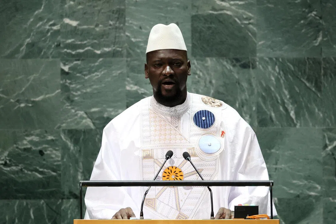 FILE PHOTO: Guinea's President Mamadi Doumbouya addresses the 78th Session of the U.N. General Assembly in New York City, U.S., September 21, 2023. REUTERS/Brendan McDermid/File Photo
