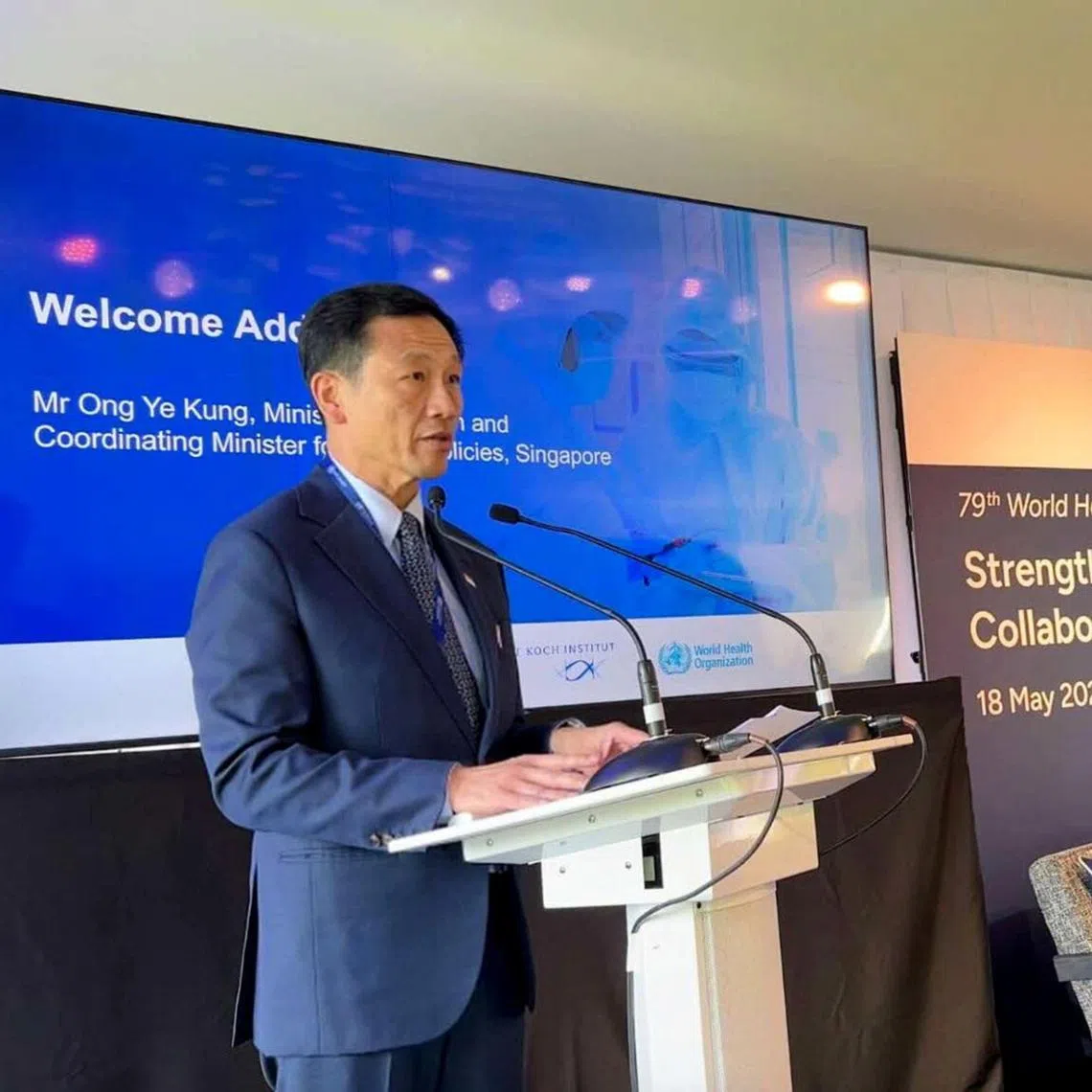 Minister for Health Ong Ye Kung speaking on global pandemic preparedness and response at an event held on the sidelines of  the 79th World Health Assembly in Geneva, Switzerland, organised by the Communicable Diseases Agency Singapore (CDA), Robert Koch Institute (RKI), and the World Health Organization.