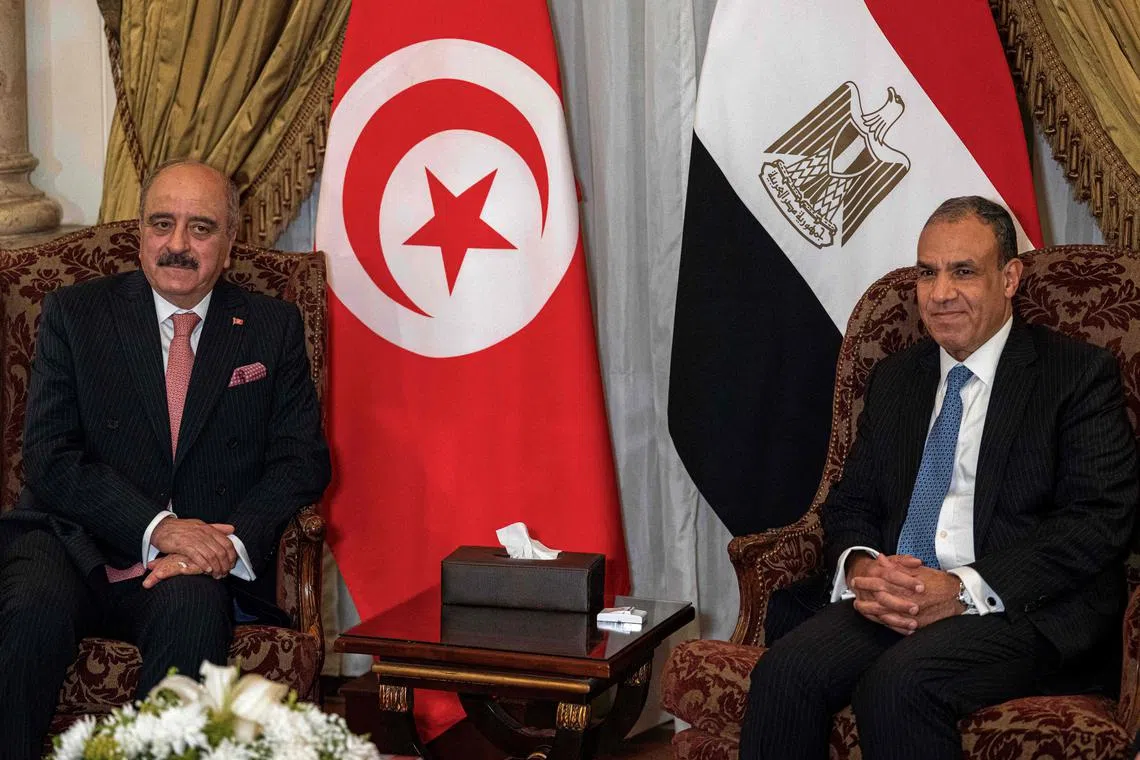 Egypt’s Foreign Minister Badr Abdelatty (right) meets with his Tunisian counterpart Mohamed Ali Nafti on the eve of an extraordinary Arab League summit on Gaza.