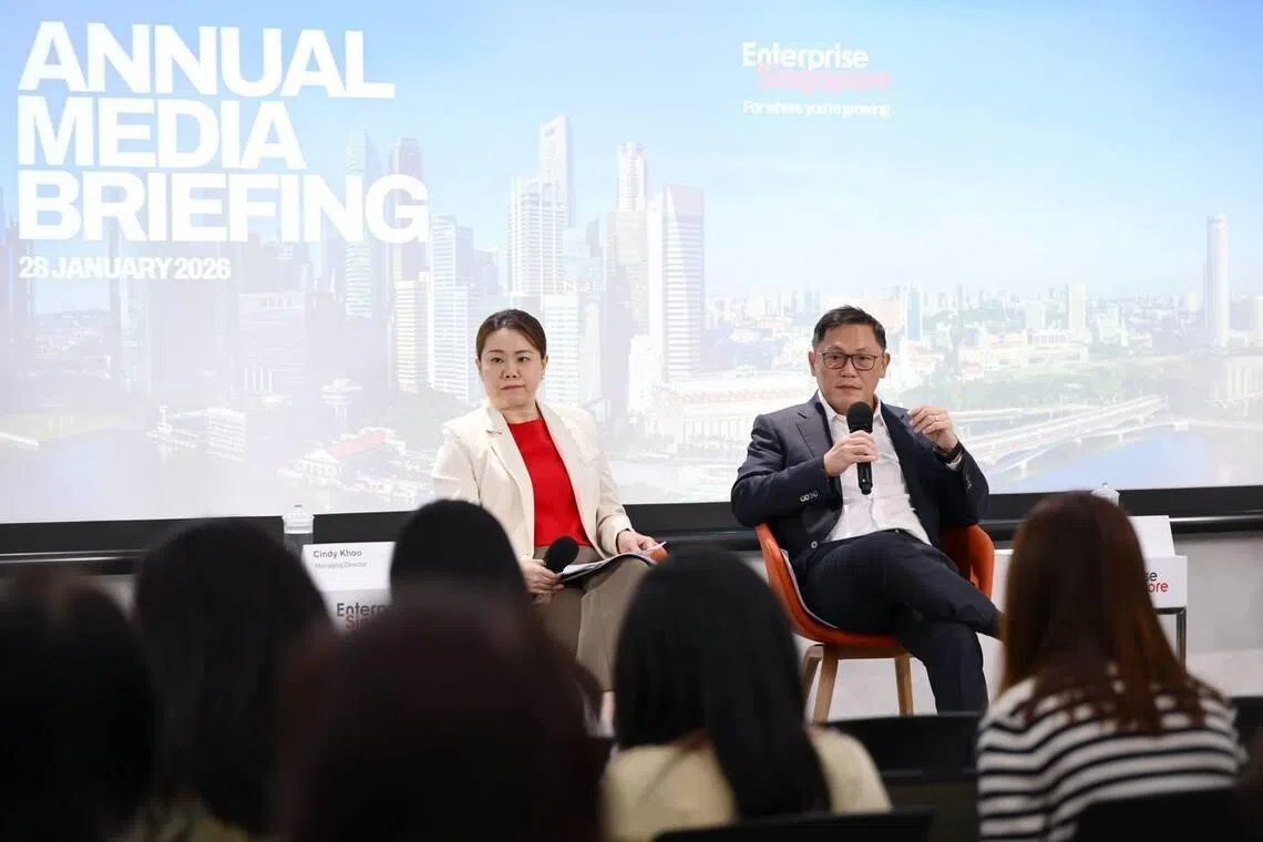 EnterpriseSG chairman Lee Chuan Teck (right) and managing director Cindy Khoo at the EnterpriseSG’s Annual Media Briefing on Jan 27.