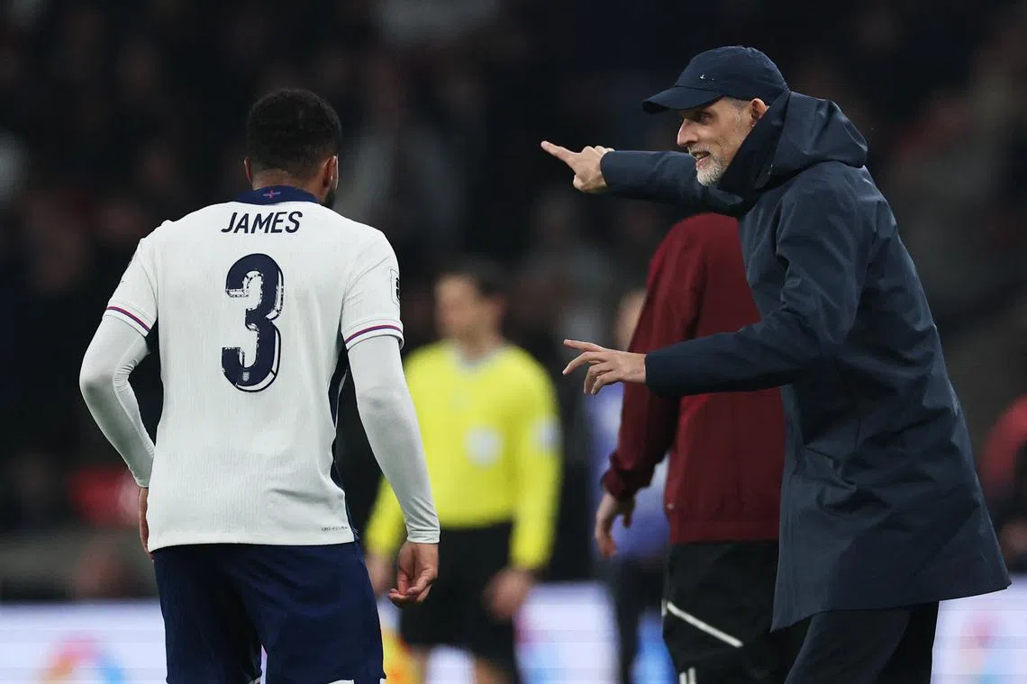 Soccer Football - World Cup - European Qualifiers - Group K - England v Latvia - Wembley Stadium, London, Britain - March 24, 2025 England manager Thomas Tuchel gives instructions to England's Reece James REUTERS/Toby Melville
