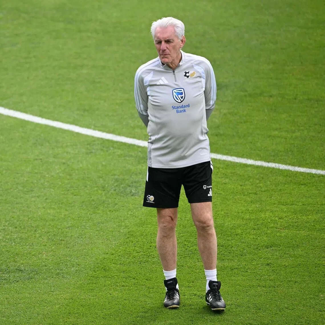 South Africa's Belgian head coach Hugo Broos walks during a training session at Hidalgo Stadium in Pachuca, Mexico.